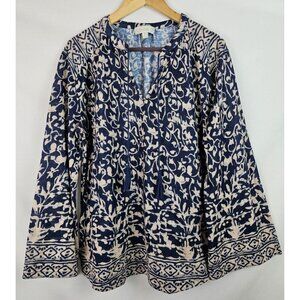 Weekend Suzanne Betro Women's Shirt Plus Size 1X Blue & Tan Long Bell Sleeve Top